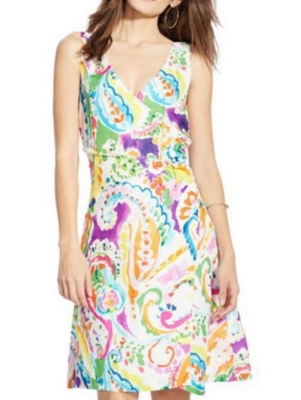 Lauren By LAUREN Sleeveless V-Neck Multicolor Paisley Dress 10 P Classic Style